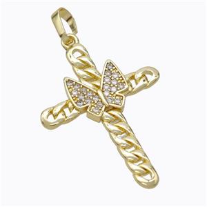 Copper Cross Pendant Pave Zirconia Butterfly Gold Plated, approx 25-33mm