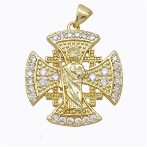 Copper Jesus Cross Pendant Pave Zirconia Gold Plated, approx 24mm