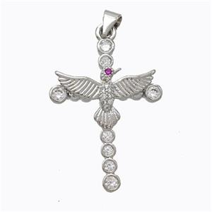 Copper Cross Pendant Pave Zirconia Birds Platinum Plated, approx 21-30mm