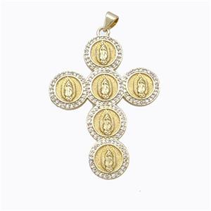 Copper Cross Pendant Pave Zirconia Virgin Mary Gold Plated, approx 32-42mm