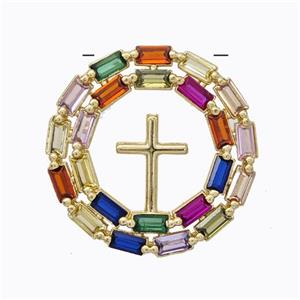 Copper Cross Pendant Pave Zirconia Circle Gold Plated, approx 24mm