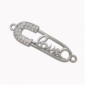 Safe Pins Charms Copper Connector Pave Zirconia LOVE Platinum Plated, approx 7-22mm