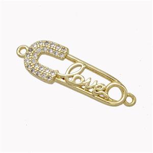 SafetyPin Charms Copper Connector Pave Zirconia LOVE Gold Plated, approx 7-22mm