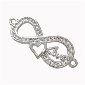 Copper Infinity Connector Micropave Zirconia Heart Love Platinum Plated, approx 11-24mm