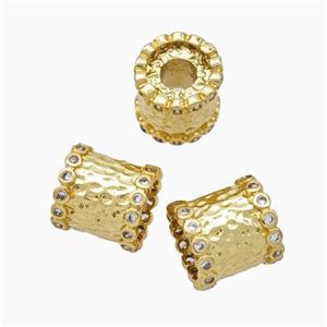 Copper Column Beads Pave Zirconia Large Hole Tube Gold Plated, approx 10mm, 3mm hole