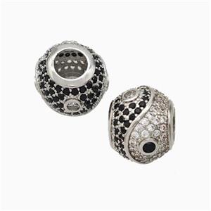 Copper Taichi Beads Micropave Zirconia Large Hole Round Platinum Plated, approx 10-11mm, 5mm hole