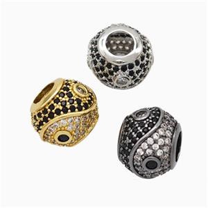 Copper Taichi Beads Micropave Zirconia Yinyang Large Hole Round Mixed, approx 10-11mm, 5mm hole