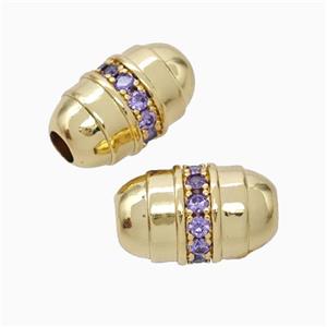 Copper Barrel Beads Pave Zirconia Large Hole Gold Plated, approx 10-17mm, 4mm hole