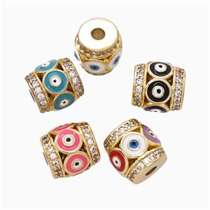 Copper Barrel Beads Pave Zirconia Enamel Evil Eye Large Hole Gold Plated Mixed, approx 11mm, 3mm hole