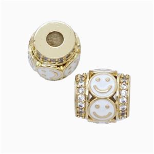 Copper Barrel Beads Pave Zirconia White Enamel Emoji Large Hole Gold Plated, approx 11mm, 3mm hole