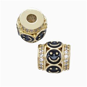 Copper Barrel Beads Pave Zirconia Black Enamel Emoji Large Hole Gold Plated, approx 11mm, 3mm hole