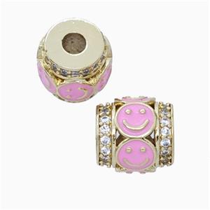 Copper Barrel Beads Pave Zirconia Pink Enamel Emoji Large Hole Gold Plated, approx 11mm, 3mm hole