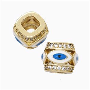 Copper Barrel Beads Pave Zirconia White Enamel Eye Large Hole Gold Plated, approx 10-12mm, 5mm hole