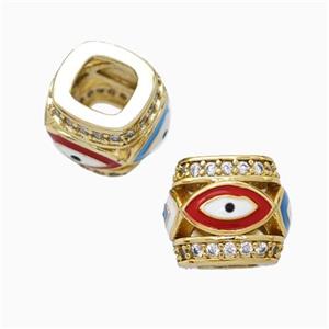 Copper Barrel Beads Pave Zirconia Multicolor Enamel Eye Large Hole Gold Plated, approx 10-12mm, 5mm hole