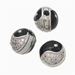 Copper Taichi Beads Pave Zirconia Black Enamel Large Hole Yinyang Platinum Plated, approx 11-12mm, 2.5mm hole