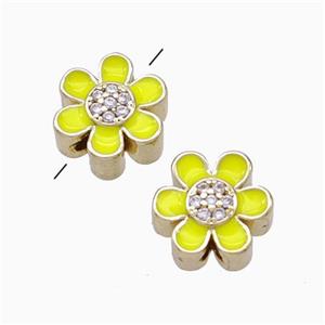 Copper Flower Beads Micropave Zirconia Yellow Enamel Gold Plated, approx 10mm