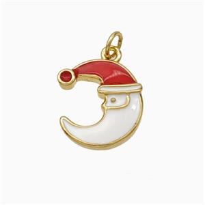 Christmas Santa Claus Copper Moon Pendant White Red Enamel Gold Plated, approx 11-13mm