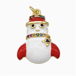 Christmas Snowman Charms Copper Pendant Pave Zirconia White Red Enamel Gold Plated, approx 14-18mm