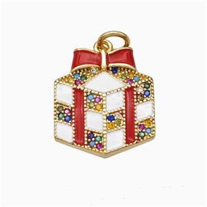 Christmas Gift Charms Copper Pendant Pave Zirconia White Red Enamel Gold Plated, approx 15-17mm