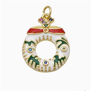 Christmas Wreath Charms Copper Pendant Pave Zirconia Enamel Gold Plated, approx 14-17mm