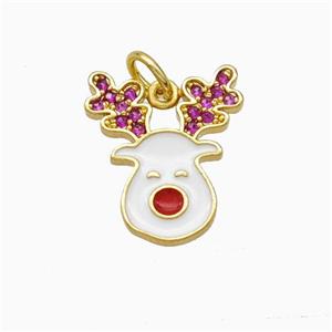 Christmas Reindeer Charms Copper Pendant Pave Zirconia White Enamel Gold Plated, approx 13-15mm