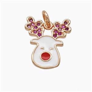 Christmas Reindeer Charms Copper Pendant Pave Zirconia White Enamel Rose Gold, approx 13-15mm