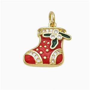 Christmas Stocking Charms Copper Pendant Pave Zirconia Red Enamel Gold Plated, approx 12-15mm