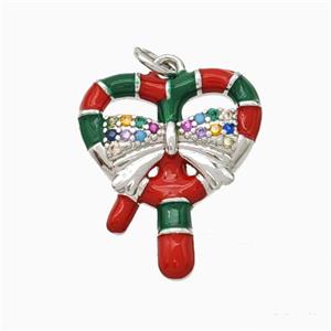 Christmas Candy Cane Copper Pendant Pave Zirconia Red Enamel Ribbon Platinum Plated, approx 15-18mm