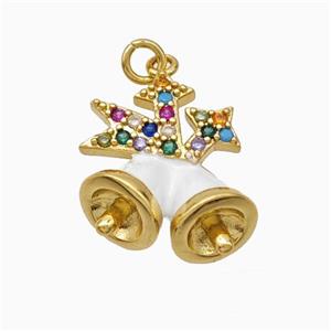 Christmas Bell Charms Copper Pendant Pave Zirconia White Enamel Gold Plated, approx 14-17mm