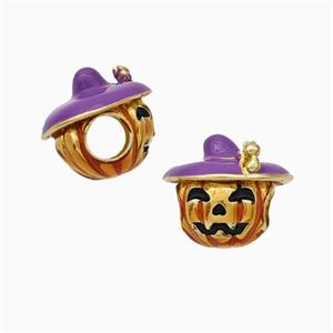 Halloween Witch Charms Copper Beads Purple Enamel Large Hole Gold Plated, approx 12mm, 4mm hole