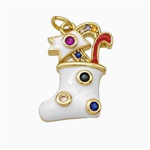 Christmas Stocking Charms Copper Pendant Pave Zirconia White Enamel Gold Plated, approx 11-17mm