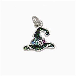 Halloween Hat Charms Copper Pendant Pave Zirconia Black Enamel Platinum Plated, approx 8-11mm