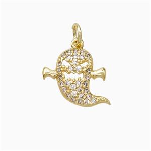 Halloween Ghost Charms Copper Pendant Pave Zirconia Gold Plated, approx 13mm