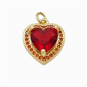 Copper Heart Pendant Micropave Zirconia Red Crystal Glass Gold Plated, approx 10mm, 16mm