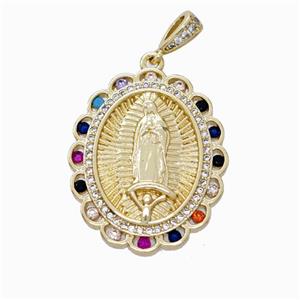 Virgin Mary Charms Copper Oval Pendant Pave Zirconia Gold Plated, approx 22-27mm