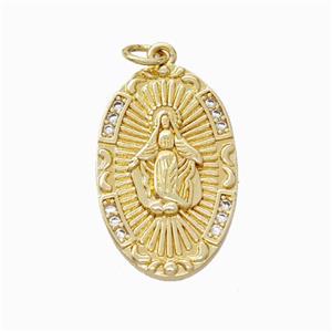 Virgin Mary Charms Copper Pendant Pave Zirconia Oval Gold Plated, approx 15-25mm