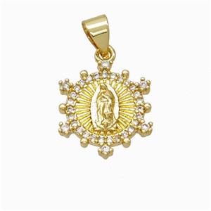 Virgin Mary Charms Copper Pendant Pave Zirconia Gold Plated, approx 15mm