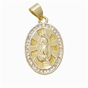 Virgin Mary Charms Copper Oval Pendant Pave Zirconia Gold Plated, approx 13-18mm