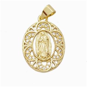 Jesus Charms Copper Oval Pendant Pave Zirconia Gold Plated, approx 15-19mm