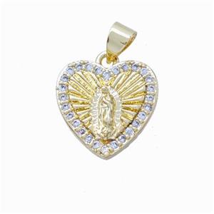 Virgin Mary Charms Copper Heart Pendant Pave Zirconia Gold Plated, approx 15mm