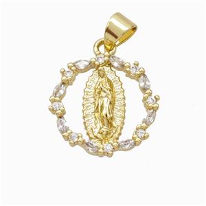 Virgin Mary Charms Copper Circle Pendant Micropave Zirconia Gold Plated, approx 16mm