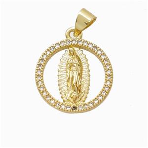 Virgin Mary Charms Copper Circle Pendant Micropave Zirconia Gold Plated, approx 16mm