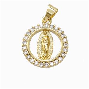 Virgin Mary Charms Copper Circle Pendant Micropave Zirconia Gold Plated, approx 15mm