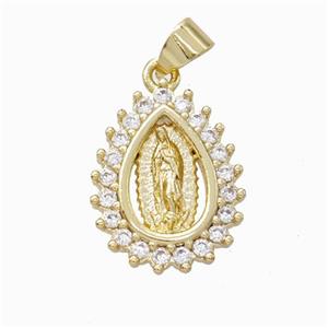 Virgin Mary Charms Copper Teardrop Pendant Micropave Zirconia Gold Plated, approx 14-18mm