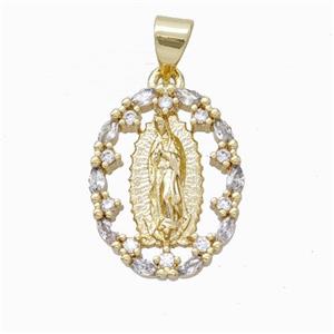 Virgin Mary Charms Copper Oval Pendant Micropave Zirconia Gold Plated, approx 14-18mm