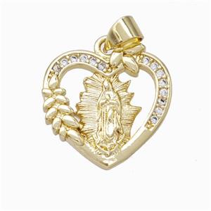 Virgin Mary Charms Copper Heart Pendant Micropave Zirconia Gold Plated, approx 18mm