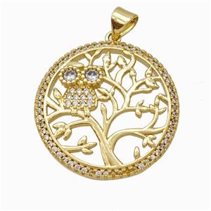 Copper Tree Pendant Micropave Zirconia Owl Gold Plated, approx 25mm