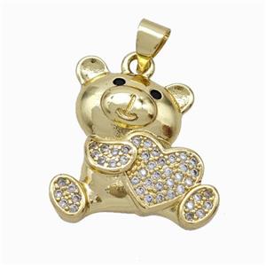 Copper Bear Pendant Micropave Zirconia Heart Gold Plated, approx 19-20mm