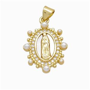 Virgin Mary Charms Copper Pendant Pave Zirconia Shell Resin 18K Gold Plated, approx 16-20mm