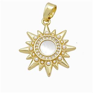 Copper Sun Pendant Micropave Zirconia Shell Resin 18K Gold Plated, approx 20mm